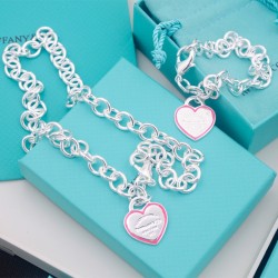 Heart Tag Surround Blue Or Red Color New York 925 Tiffany Necklace And Bracelet Lobster Clasp Style Set
