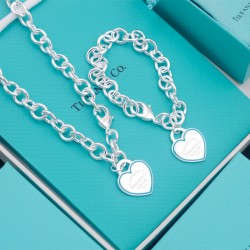 Heart Tag Surround Blue Or Red Color New York 925 Tiffany Necklace And Bracelet Lobster Clasp Style Set
