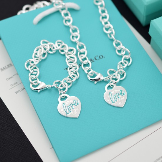 New York 925 Heart Tag Blue And Red Love Carved Silver Jewelry Set