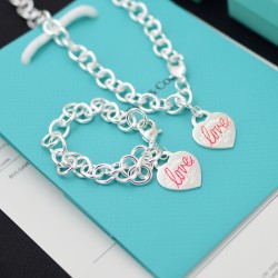 New York 925 Heart Tag Blue And Red Love Carved Silver Jewelry Set