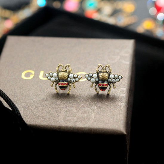 GUCCI Aged Gold Tone Bee Pearl-Embellished Earrings